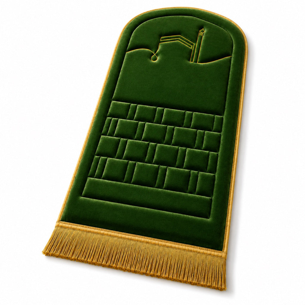 Sajdah Orthopedic Prayer Mat - full view with dense foam padding and gold fringe